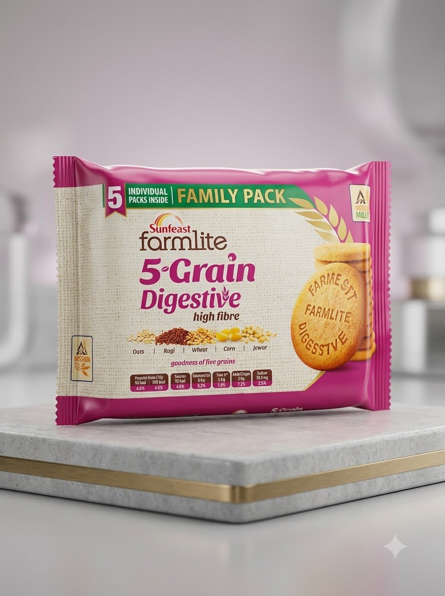 Sunfeast Farmlite 5-Grain Digestive Biscuits – High Fibre, Family Pack (5 Individual Packs Inside)