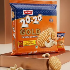 Parle 20-20 Gold Cashew Cookies – Rich Butter & Kaju Flavour, Value Pack (10 Stay-Fresh Packs Inside)