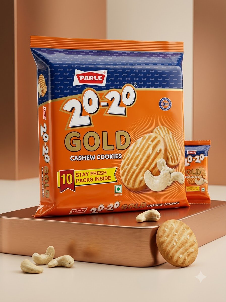 Parle 20-20 Gold Cashew Cookies – Rich Butter & Kaju Flavour, Value Pack (10 Stay-Fresh Packs Inside)