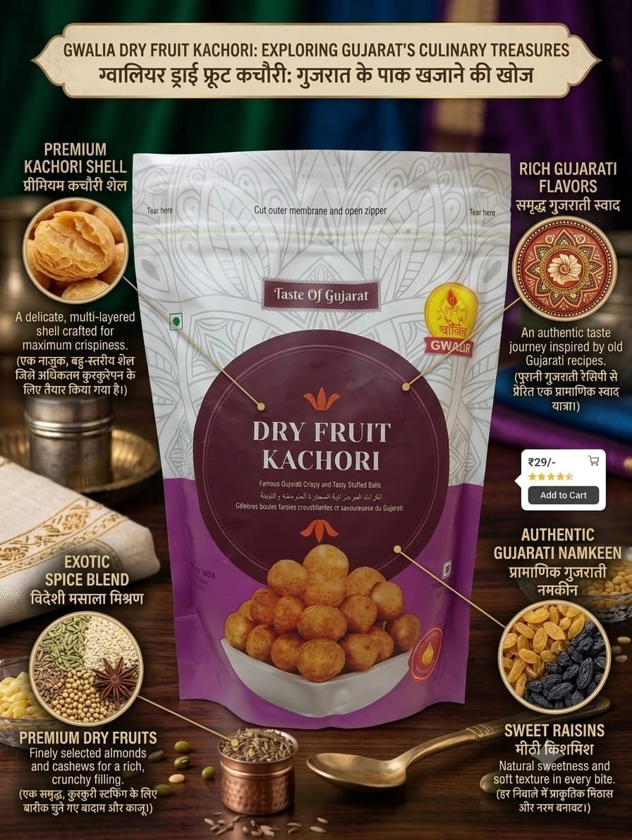Gwalior Taste of Gujarat Dry Fruit Kachori – Crispy Stuffed Mini Kachori Snack (Zipper Pouch) - Image 2