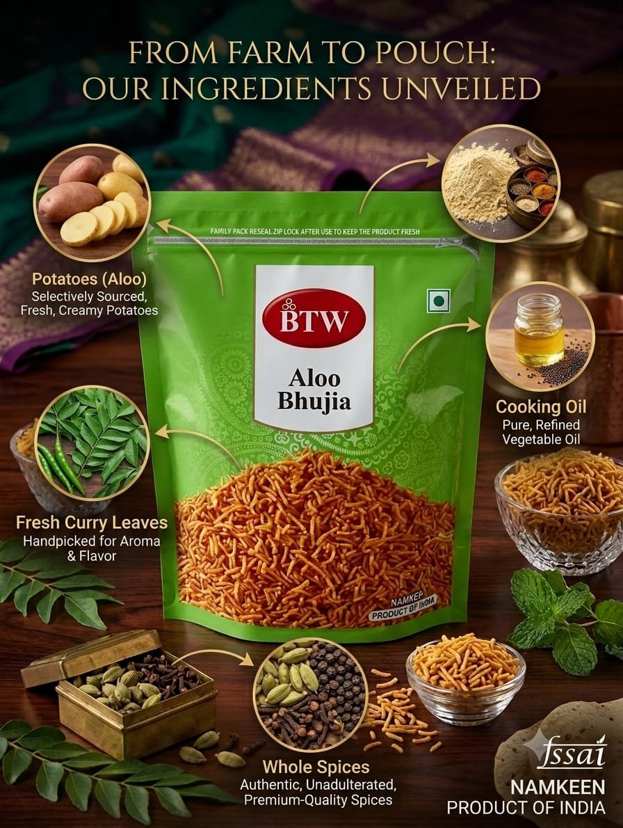BTW Aloo Bhujia Namkeen – Crispy & Tangy Potato Sev Snack (Resealable Zip-Lock Pack) - Image 2