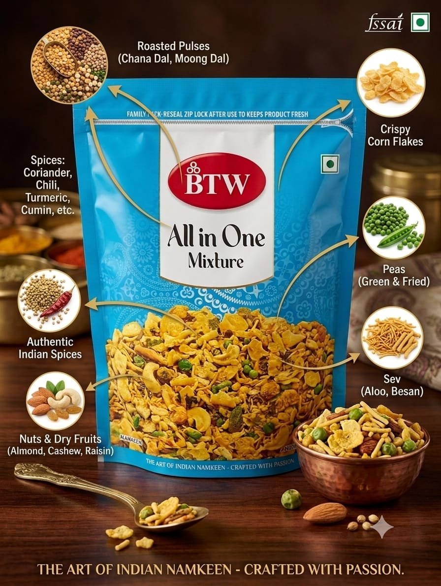 BTW All in One Mixture Namkeen – Crispy & Spicy Savory Snack Mix (Resealable Zip-Lock Pack) - Image 2