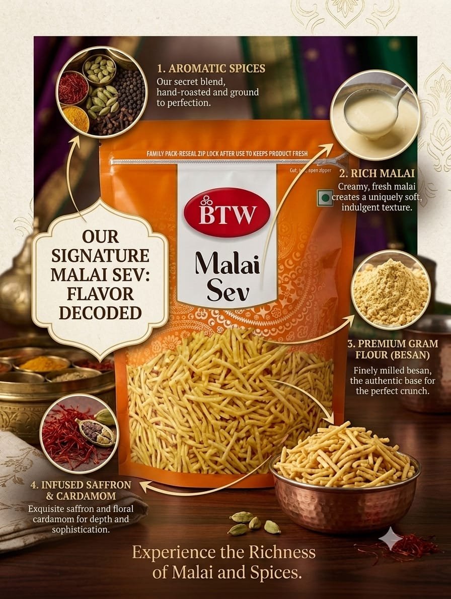 BTW Malai Sev Namkeen – Rich & Crispy Mild Savory Gram Flour Sev (Resealable Zip-Lock Pack) - Image 2