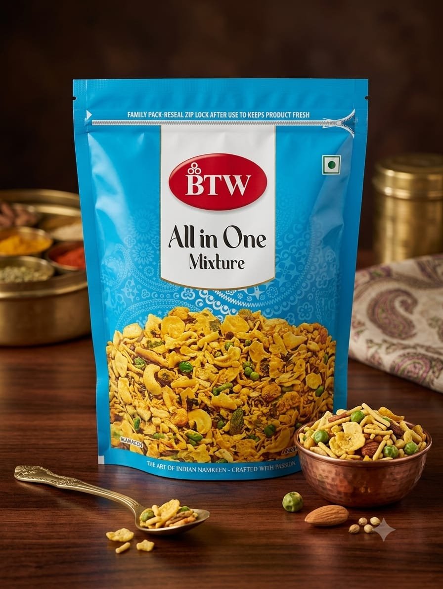 BTW All in One Mixture Namkeen – Crispy & Spicy Savory Snack Mix (Resealable Zip-Lock Pack)