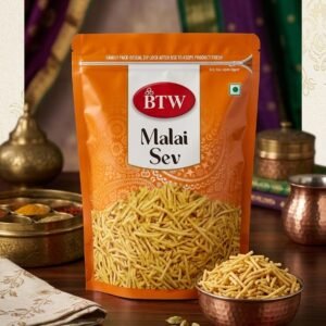 BTW Malai Sev Namkeen – Rich & Crispy Mild Savory Gram Flour Sev (Resealable Zip-Lock Pack)