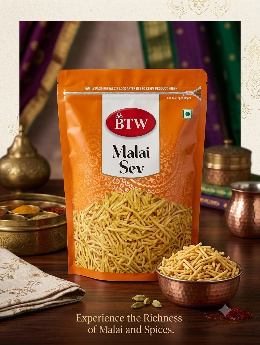 BTW Malai Sev Namkeen – Rich & Crispy Mild Savory Gram Flour Sev (Resealable Zip-Lock Pack)