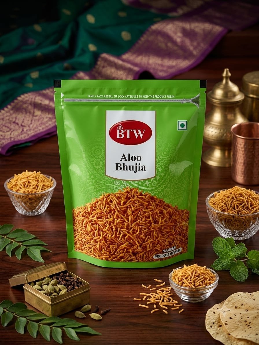 BTW Aloo Bhujia Namkeen – Crispy & Tangy Potato Sev Snack (Resealable Zip-Lock Pack)